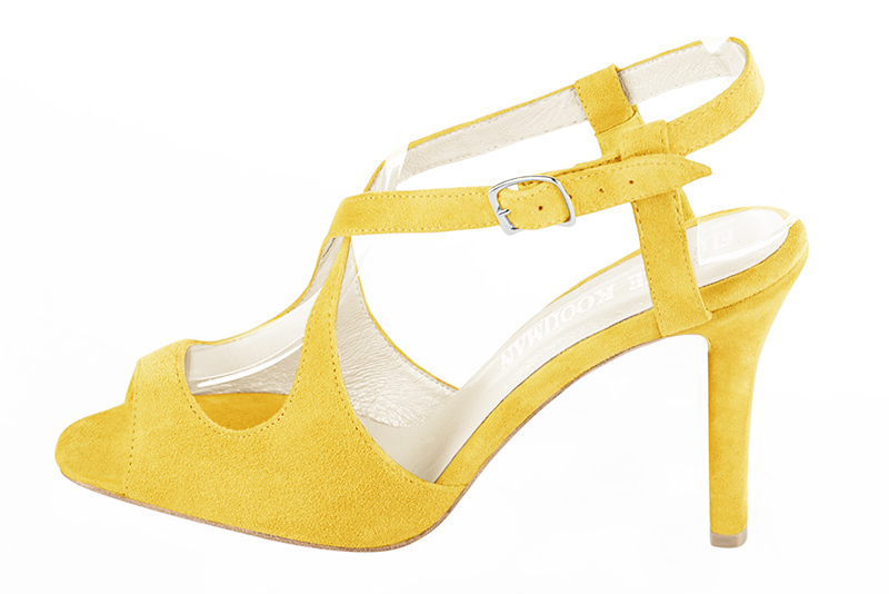 French elegance and refinement for these yellow open back dress sandals, with crossed straps, 
                available in many subtle leather and colour combinations. "The Best" for your ceremonies to wear until the end of the night.
This pretty sandal will spare you the discomfort of openwork multi-straps.
Its stable heel and adjustable crossover straps will hold your foot in place.  
                Matching clutches for parties, ceremonies and weddings.   
                You can customize these sandals to perfectly match your tastes or needs, and have a unique model.  
                Choice of leathers, colours, knots and heels. 
                Wide range of materials and shades carefully chosen.  
                Rich collection of flat, low, mid and high heels.  
                Small and large shoe sizes - Florence KOOIJMAN